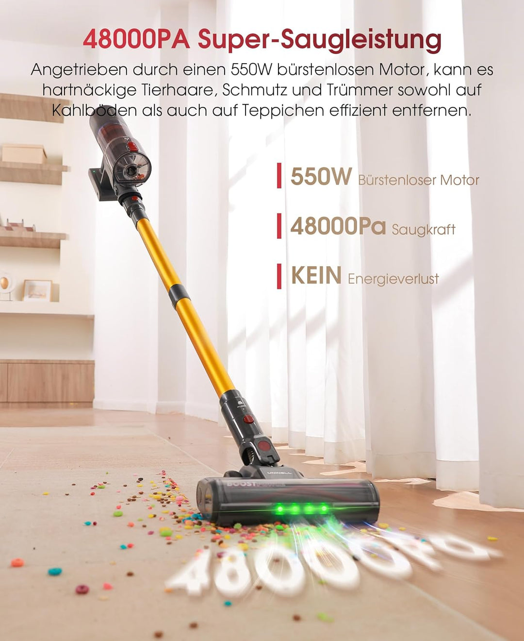 UNINELL Home Akku Staubsauger 48000Pa/550W/65Min, Staubsauger Kabellos Selbstladender mit LED Touchs