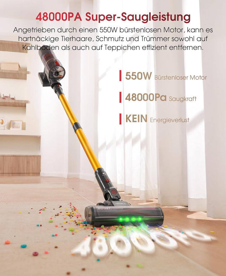 UNINELL Home Akku Staubsauger 48000Pa/550W/65Min, Staubsauger Kabellos Selbstladender mit LED Touchs