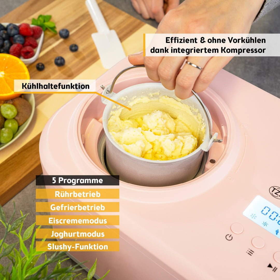 TZS First Austria - Eismaschine 1L mit Kompressor 3 in 1 - Ice Cream Maker 100W selbstkühlend für Fr