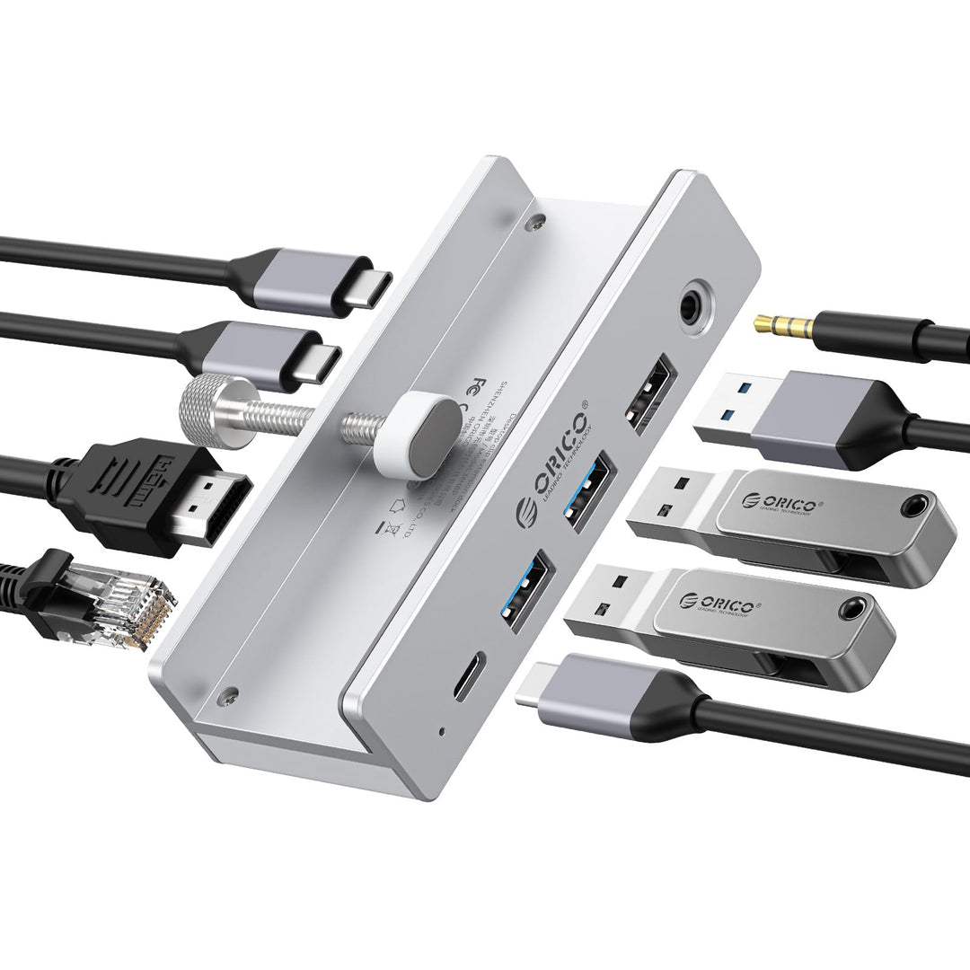 ORICO Clip Docking Station, 8-in-1 USB-C Hub Klemme mit 4K@60Hz HDMI, 100W PD, Gigabit-Ethernet, 4xU