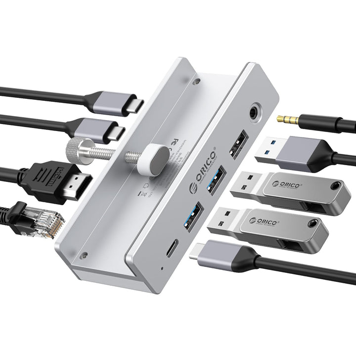 ORICO Clip Docking Station, 8-in-1 USB-C Hub Klemme mit 4K@60Hz HDMI, 100W PD, Gigabit-Ethernet, 4xU