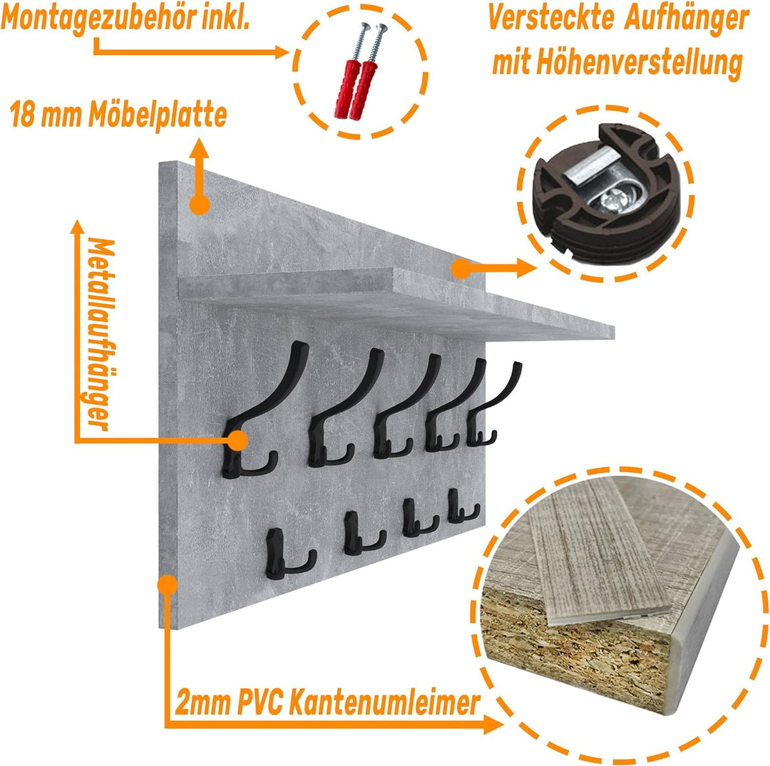 AKKE 40x80 | VERTI Garderobenpaneel Wandgarderobe Garderobe Wandpaneel Kleiderstange SCHWARZ | BETON