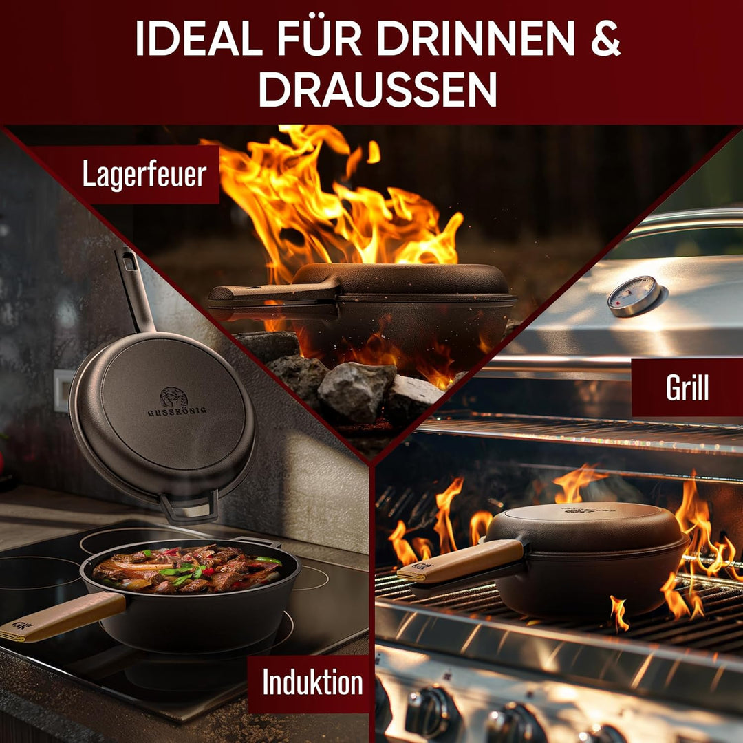 Dutch Oven - 2in1 Eingebrannter Gusseisen Topf 3L & Gusspfanne 1,5L-Cast Iron Pot mit Schmortopf Dop