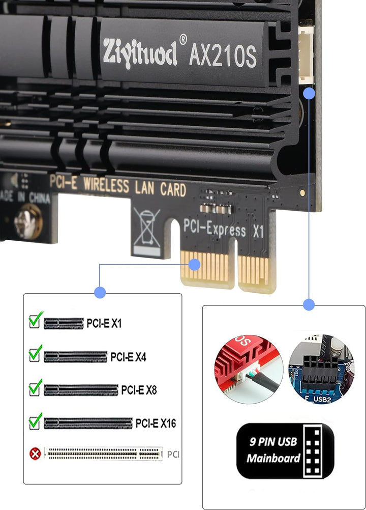 WLAN Karte, Intel AX210 Bluetooth5.3, Bis zu 5400Mbit/s Tri-Bands(6G/5G/2.4G) WLAN PCIe WiFi 6 Karte