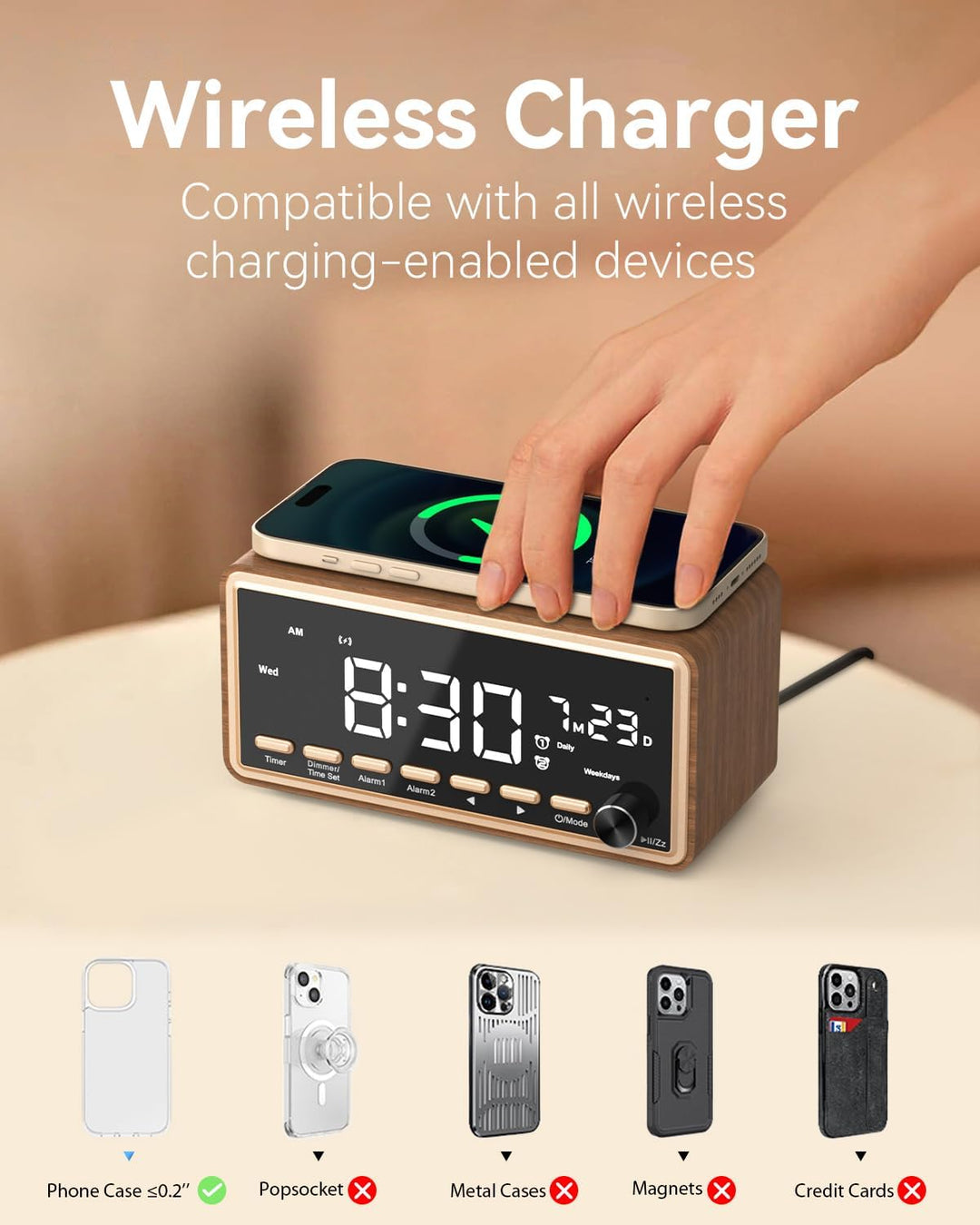 Wecker Digital mit FM-Radio, Dual-Alarm, Bluetooth Lautsprecher, White Noise Machine, Wireless Charg
