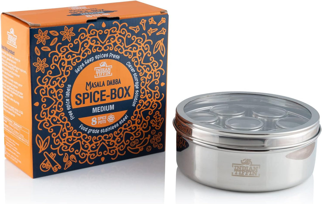 Indian-Tiffin Masala Dabba Luftdichter Gewürzbehälter - Lebensmittelqualität aus Edelstahl - mit Gew