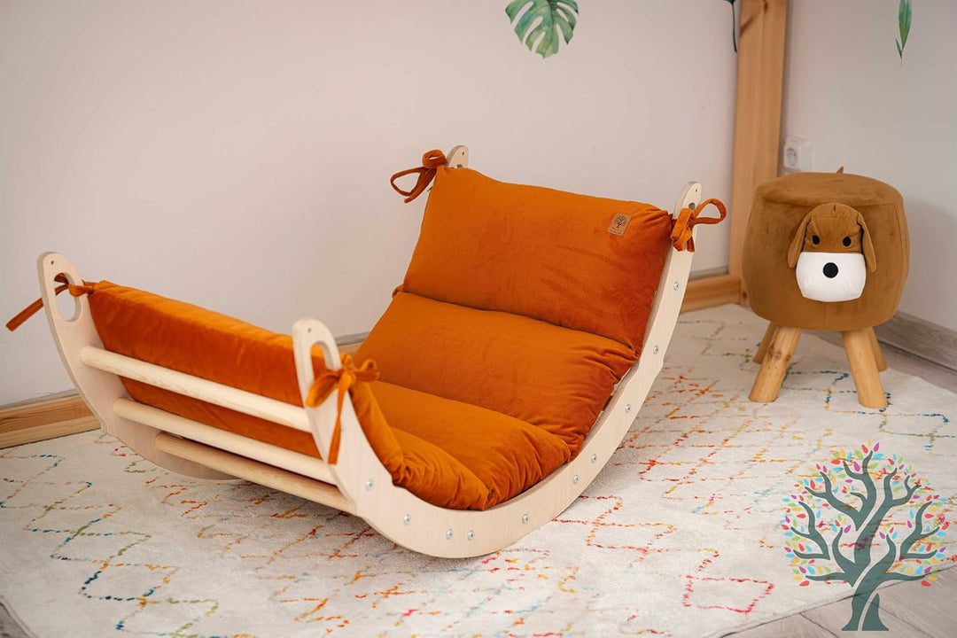 WoodsCraft Kletterbogen mit Kissen & Rutsche Indoor | Wippe Kinder & 2in1: Babyrutsche & Rampe | Hol