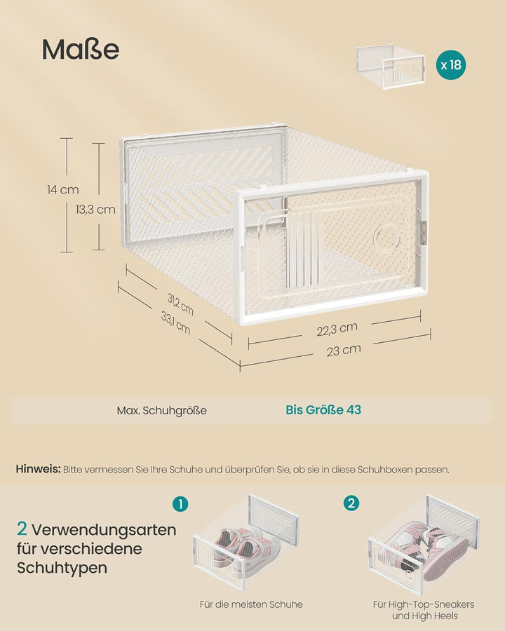 SONGMICS Schuhboxen, 18er Set, Aufbewahrungsbox für Schuhe, robust, faltbar und stapelbar, für Schuh