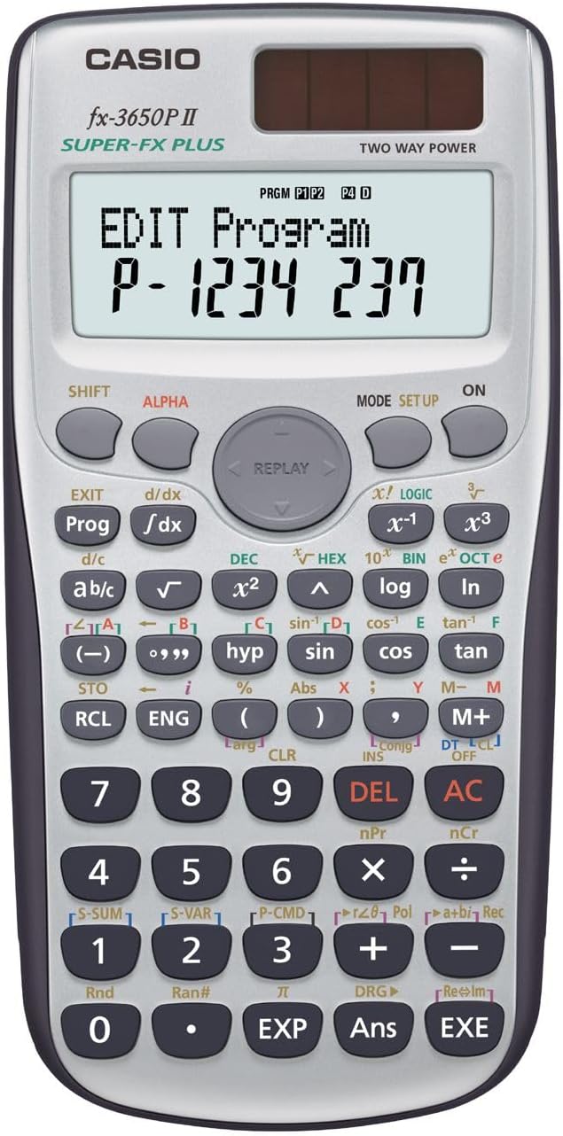 Casio FX-3650P II programmierbarer Rechner mit 279 Funktionen, 2-Zeilen-Display, Batterie/Solarzelle