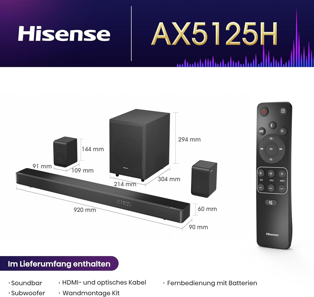 Hisense AX5125H 5.1.2 Soundbar mit kabellosem Subwoofer und Rücklautsprechern, 500W, Dolby Digital P
