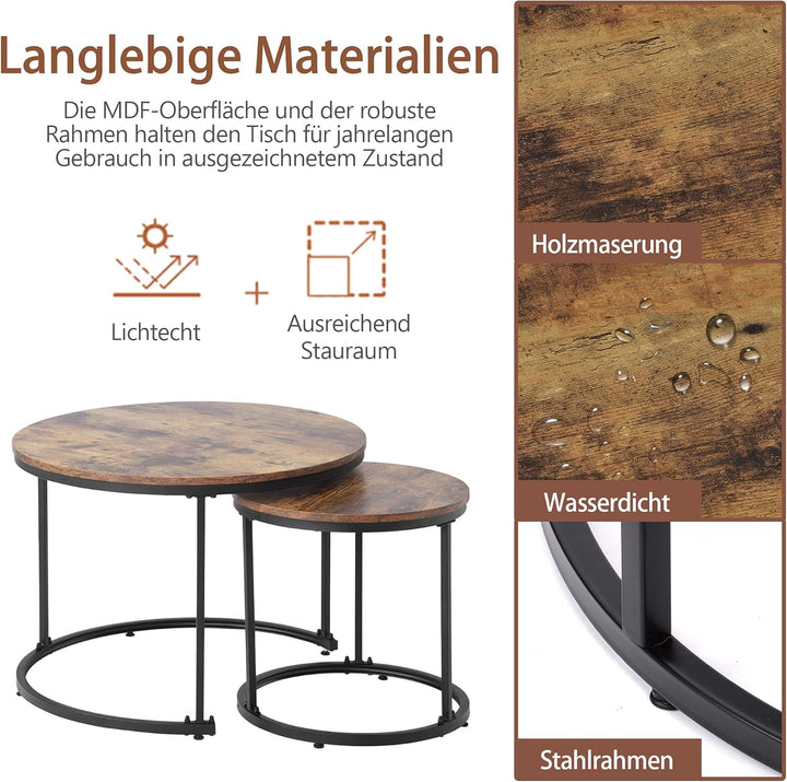 Merax Rund Couchtisch Set, 2-in-1 Nesting Couchtisch Satztisch, Metallgestell, für Wohnzimmer, Balko