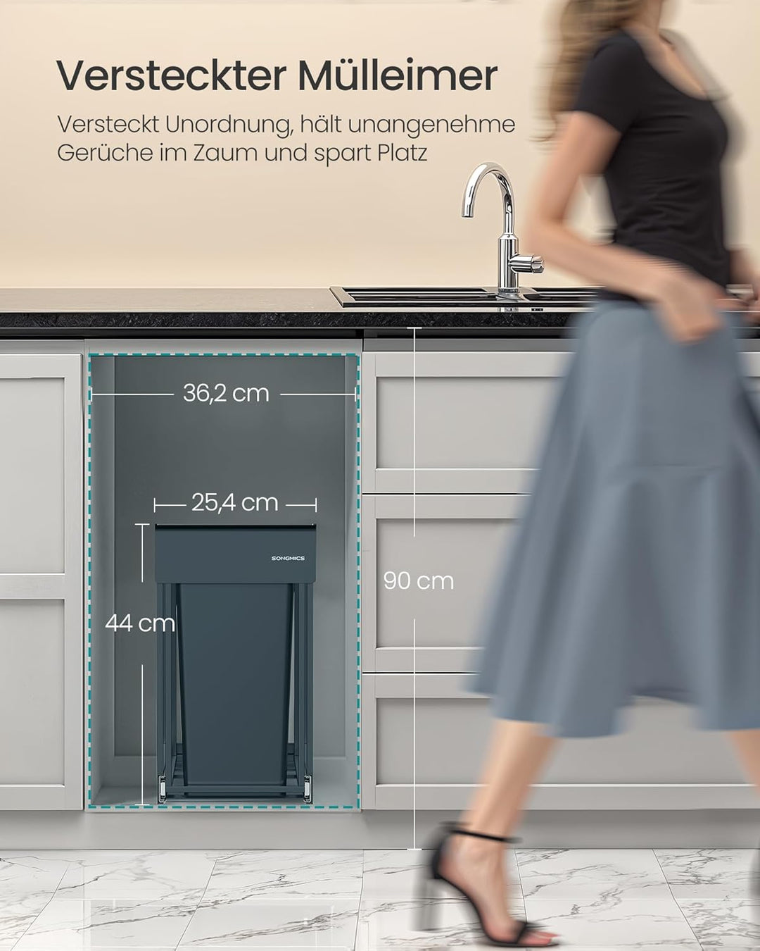 SONGMICS Mülleimer küche, Mülltrennsystem für Unterschrank, 2 x 15 L, Abfalleimer 2 Fächer, ausziehb
