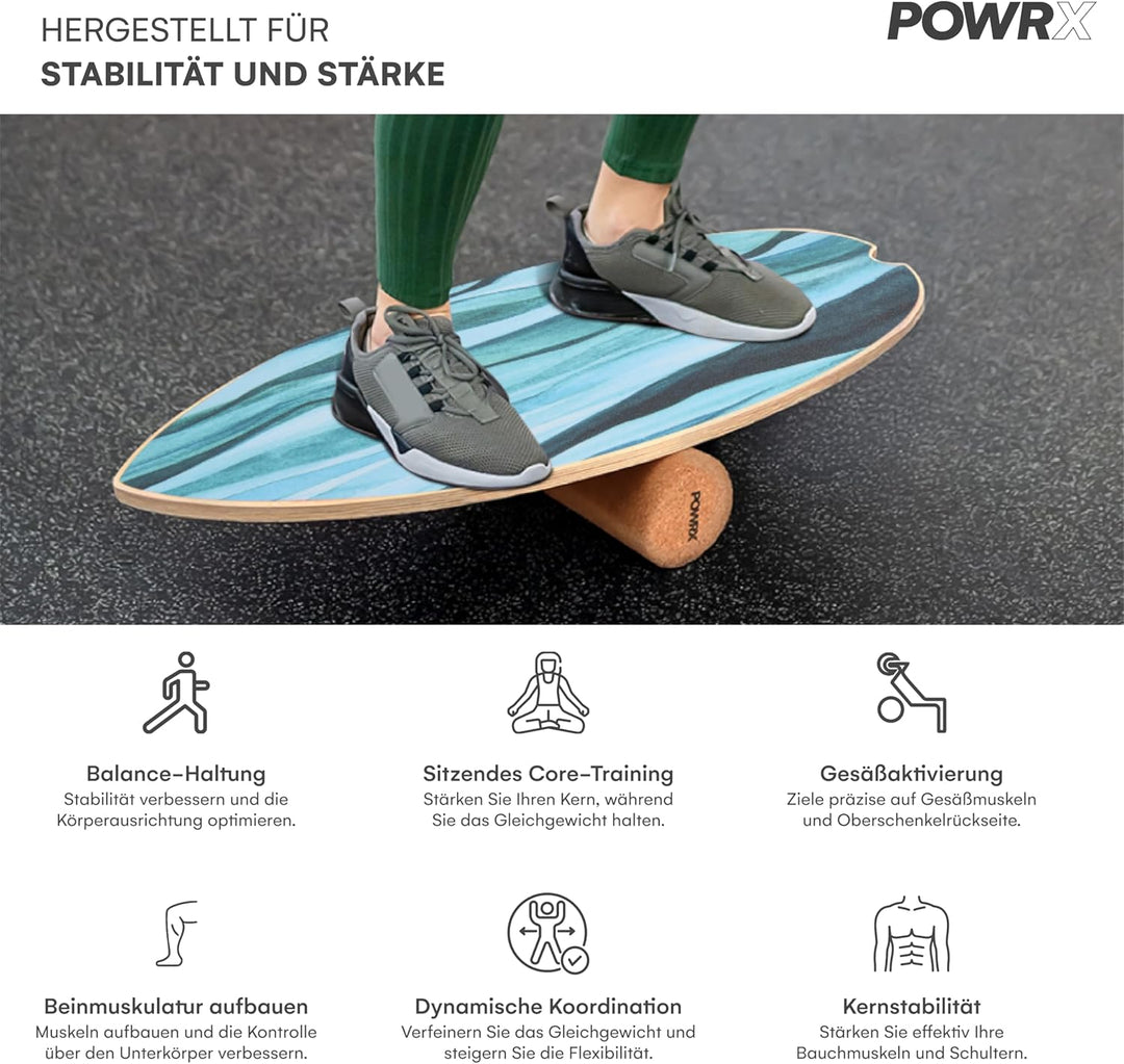 POWRX Surf Balance Board Holz/Balance Skateboard inkl. Rolle | Koordinationstraining für Surfbrett,