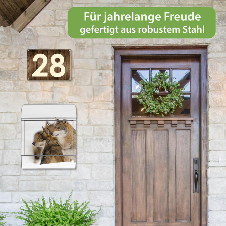 banjado® Design Briefkasten mit Motiv Wölfe 39x47x14cm &amp; 2 Schlüssel - Briefkasten Stahl Silber mit