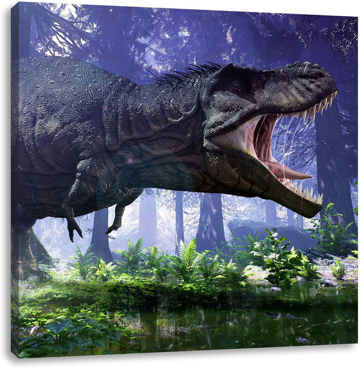 T-Rex Dinosaurier im Wald, Format: 70x70 auf Leinwand, XXL riesige Bilder fertig gerahmt mit Keilrah