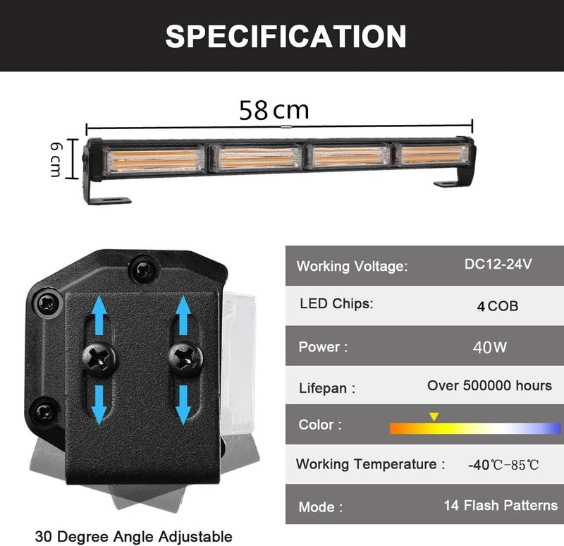 AnTom 58cm LED Rundumkennleuchte 40W Gelb Rundumleuchte für Auto Anhänger Wohnwagen SUV -14 Blinkend