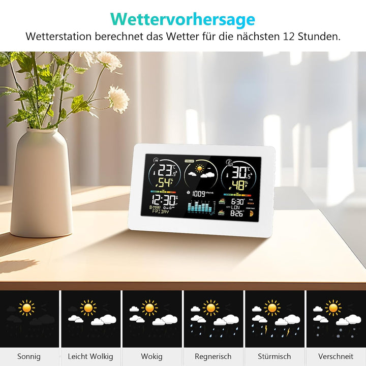 Wetterstation Funk mit Aussensensor, 7,8 Zoll Grosses Farbdisplay mit Beleuchtung & DCF Funkuhr, Wet