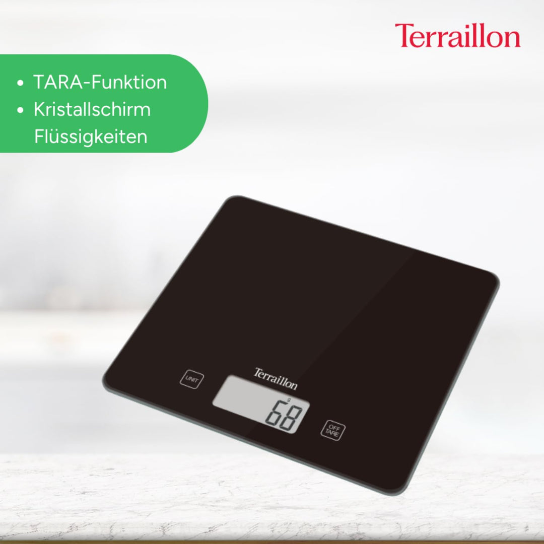 Terraillon Küchenwaage, Mit Tara-Funktion, Flüssigkeitsanzeige, Ultradünn, Bis 3 kg, T1040, Motiv Ba