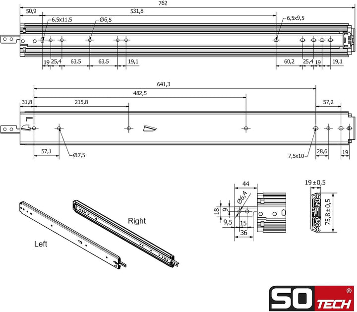 1 Paar SOTECH Schwerlastauszüge VarioSlide KV2-200-H76-L750-EH 762 mm mit Lock-in/out Einrastfunktio