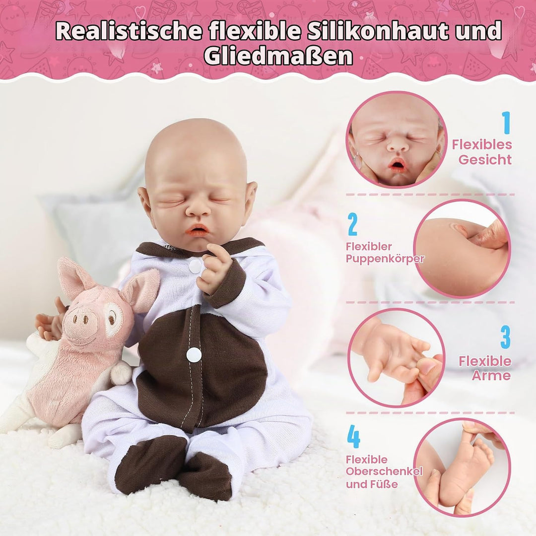 Vollence 31cm Reborn Baby Puppe Silikon, Schlafende Silikonpuppe, Realistische Babypuppe, 31cm Mädch