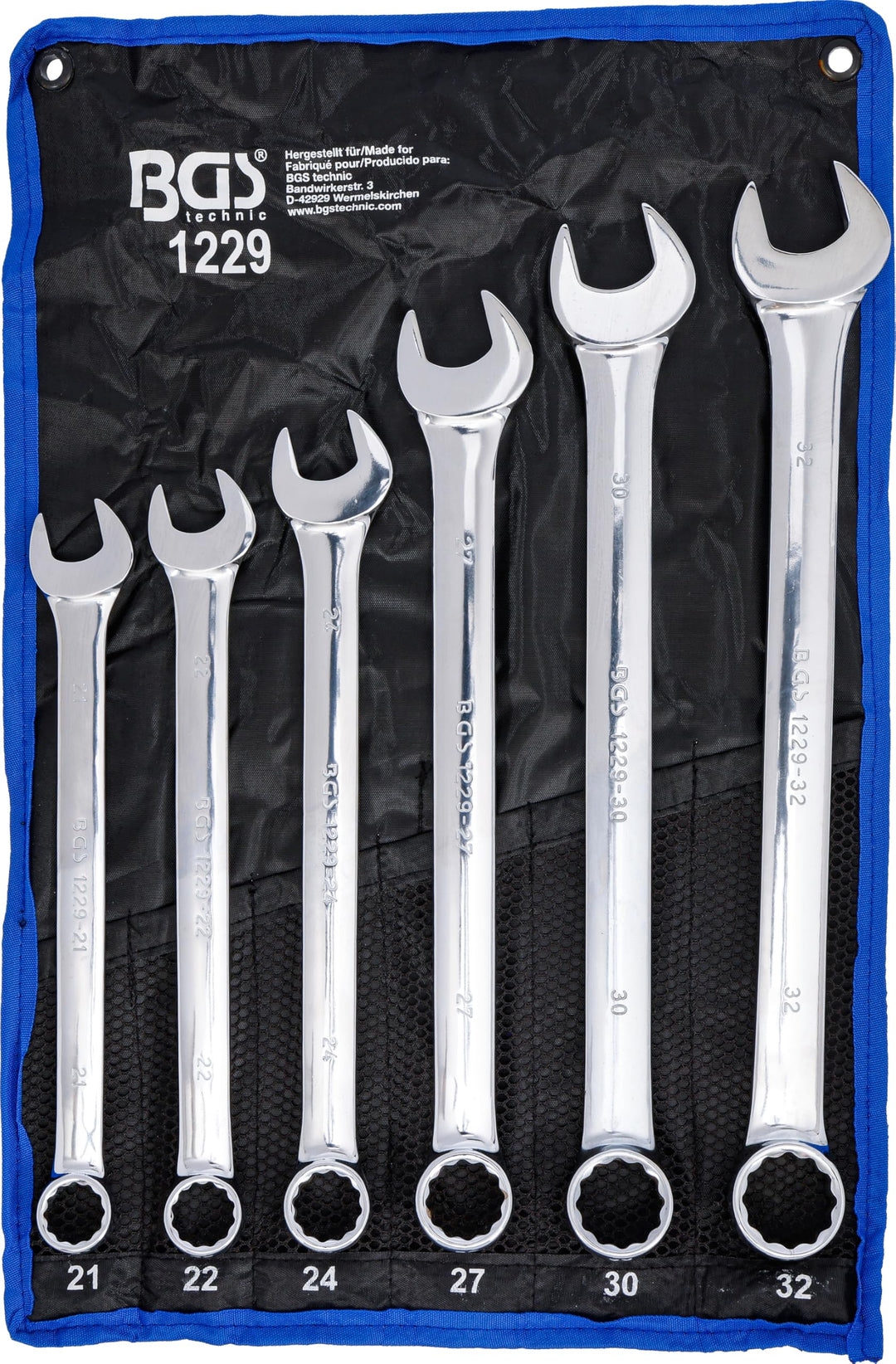 BGS 1229 | Maul-Ringschlüssel-Satz | 6-tlg. | extra lang | SW 21 - 32 mm | inkl. Tetron-Rolltasche |