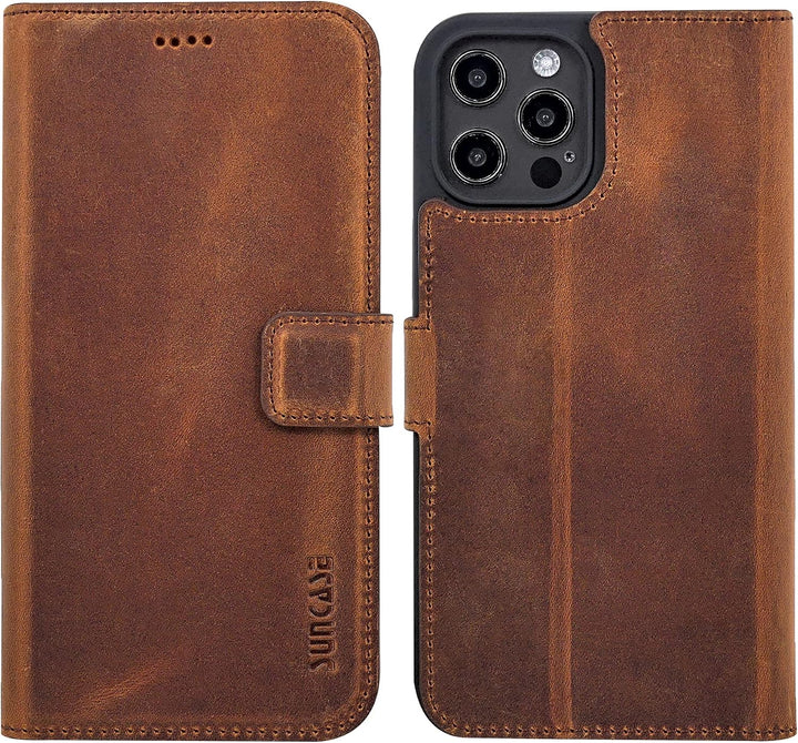 Suncase Book-Style Hülle kompatibel mit iPhone 14 Pro (6.1") Leder Tasche (Slim-Fit) Lederhülle Hand