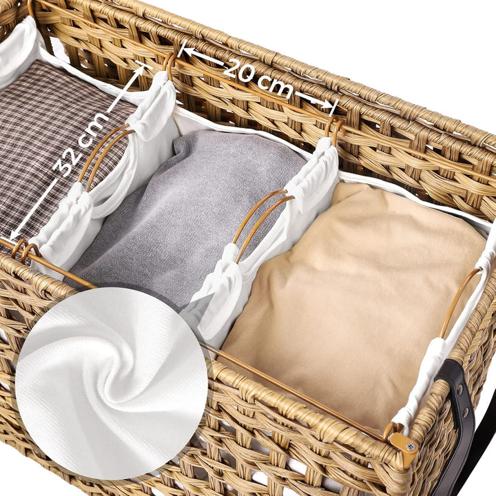 SONGMICS Wäschekorb, handgewebt, Wäschekorb, Rattanoptik, mobil, 3 Sortierfächer, Deckel, Griffe, ab