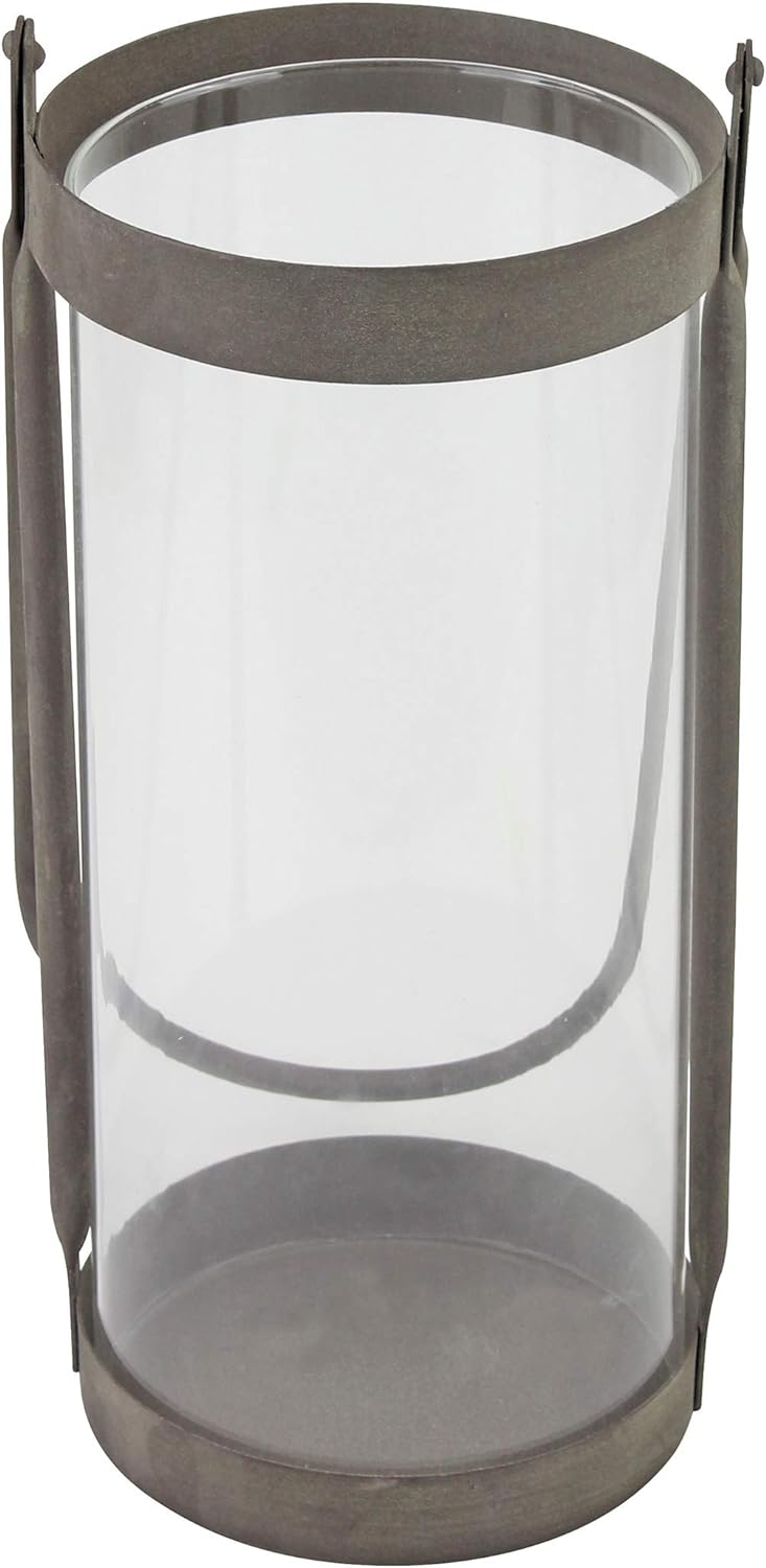 Stonebriar Industrial Glass Cylinder Hurricane Candle Lantern with Rustic Zinc Metal Frame and Handl