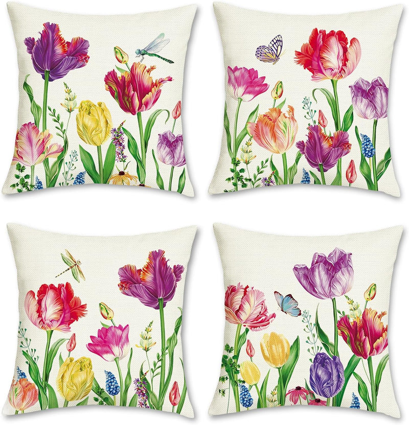 Bonhause 4er Set Kissenbezüge Blumen Garten 45 x 45 cm Polyester Leinen Lila Dekorative Kissenhülle