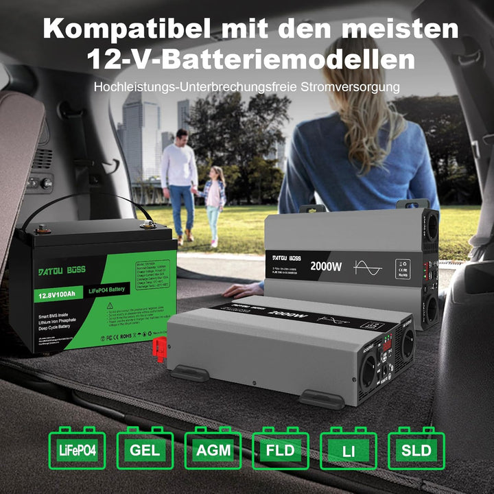 DATOUBOSS Wechselrichter 2000W 12V auf 230V, Reiner Sinus Spannungswandler, Power Inverter mit 2 AC-