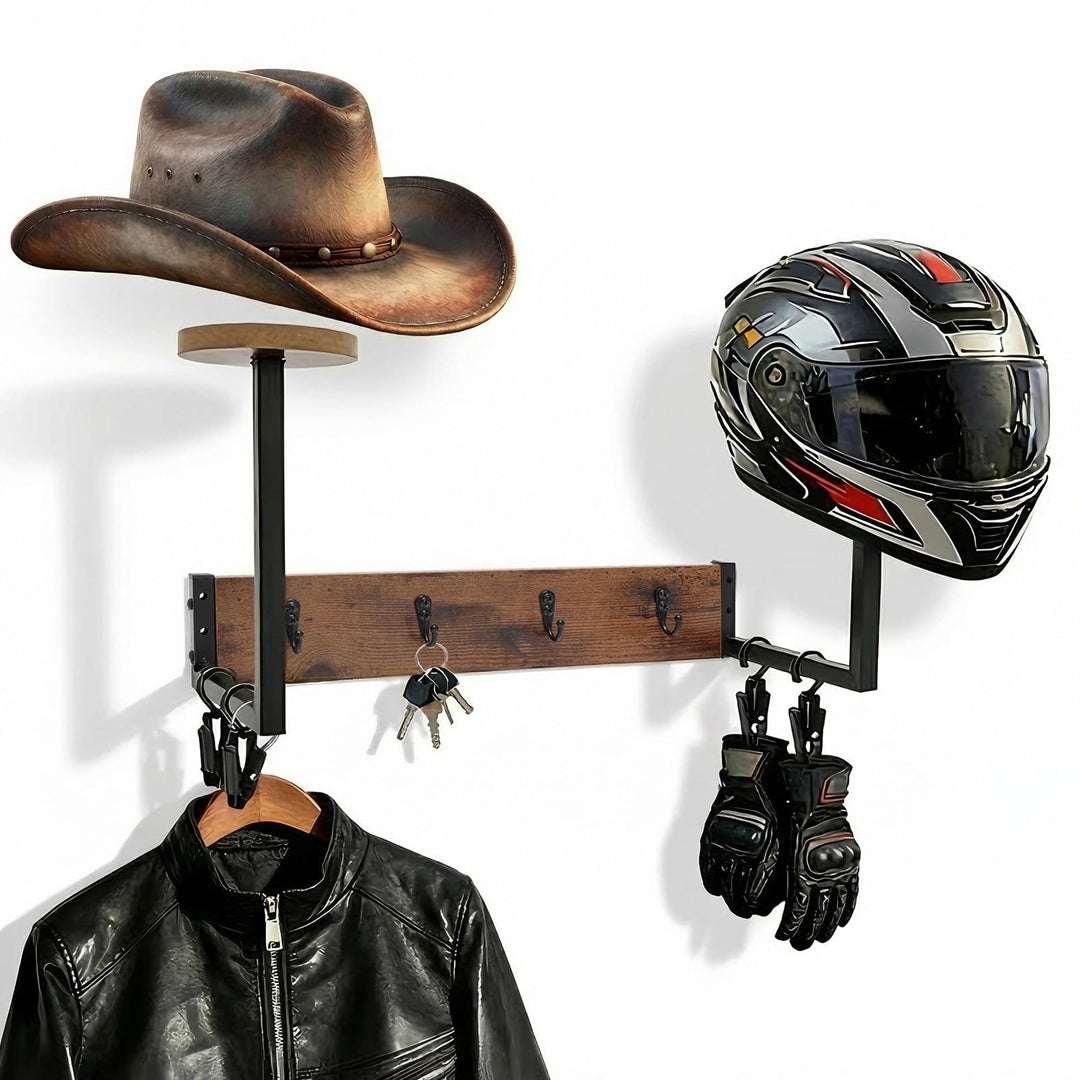 Helmhalterung Wand, Holz Hutständer Wand für Cowboyhut, Motorrad Garderobe Hutaufhänger mit 4 Metall