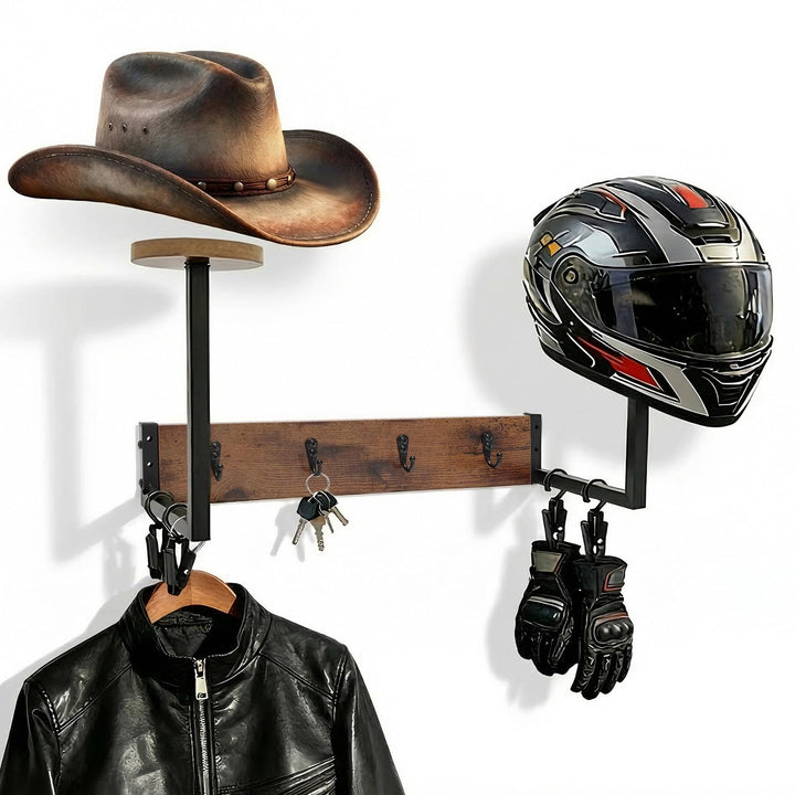 Helmhalterung Wand, Holz Hutständer Wand für Cowboyhut, Motorrad Garderobe Hutaufhänger mit 4 Metall