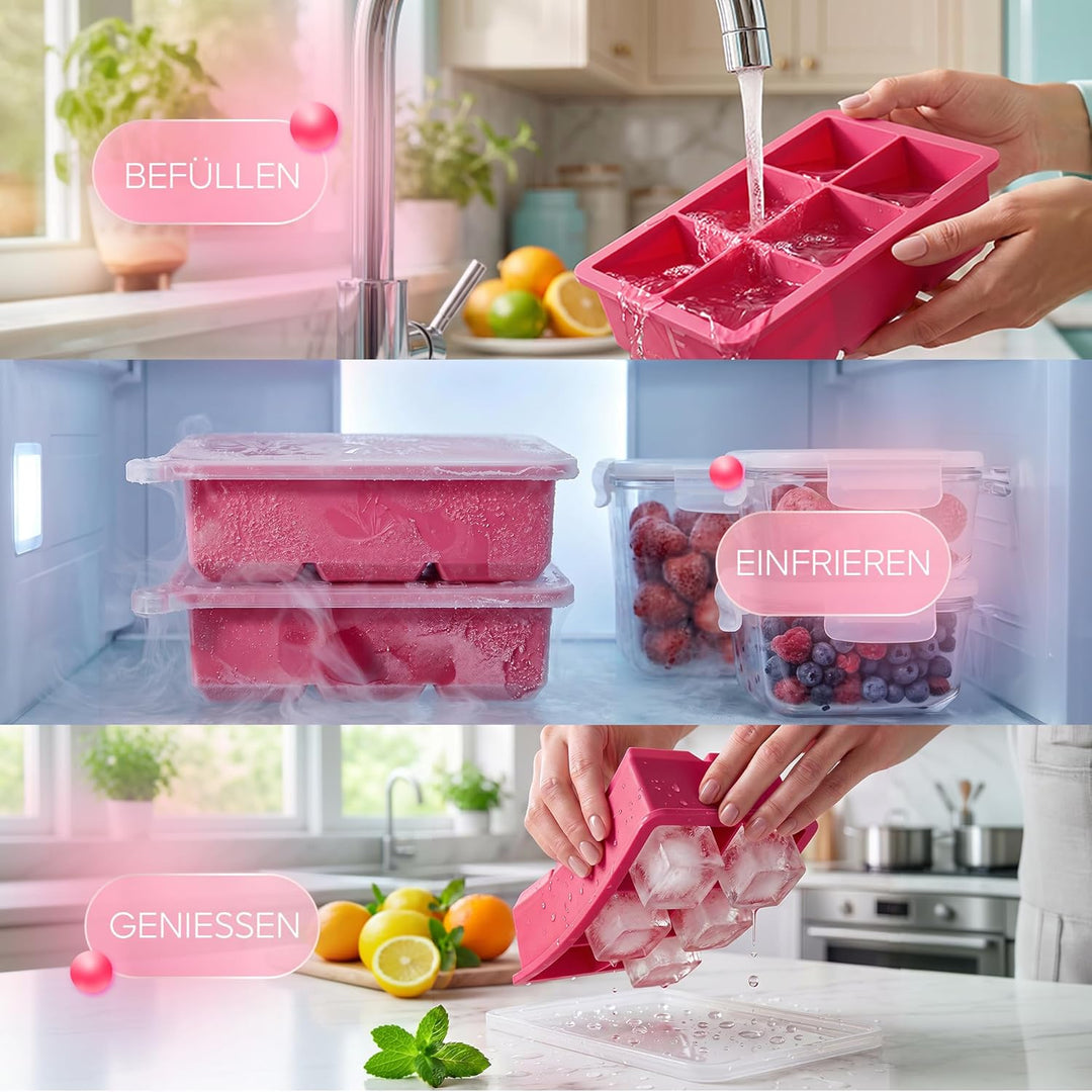 Neighbour’s Friend® Pinke Eiswürfelform XXL – Stylische Eiswürfelform aus Platinsilikon mit Deckel –
