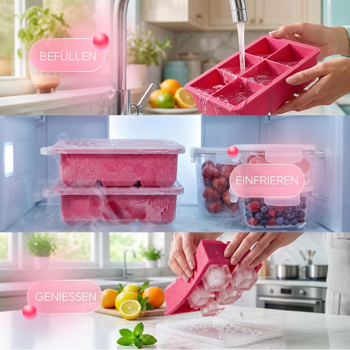 Neighbour’s Friend® Pinke Eiswürfelform XXL – Stylische Eiswürfelform aus Platinsilikon mit Deckel –