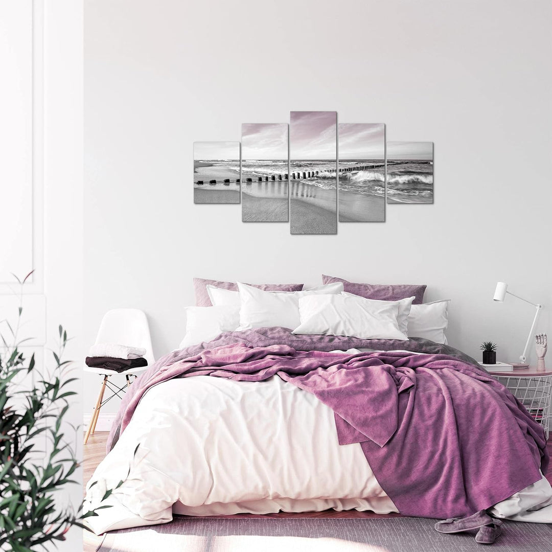 Runa Art Bild Schlafzimmer Wohnzimmer Strand Meer 5 Teilig Landschaft Grau Rosa Wandbilder auf Vlies