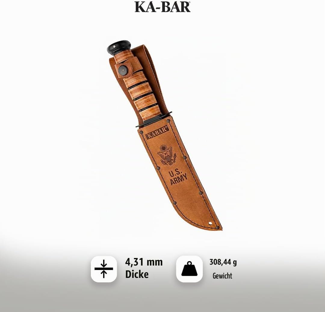 Ka-Bar US Army 7" Fixed Blade Knife, Serrated Leather Handle w/Brown Sheath 