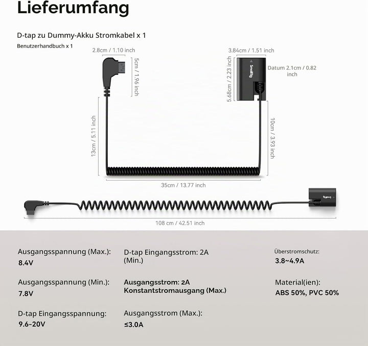 SMALLRIG D-TAP auf LP-E6NH Dummy-Akku, LP-E6NH Spiral-Stromkabel für Canon R5, R6, R7, R, R5C, 5D II