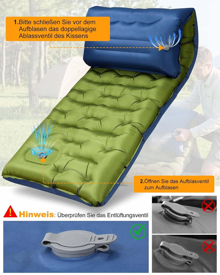 JasGood Isomatte Camping 15CM Ultraleicht Camping Luftmatratze mit Kissen und Fusspumpe Aufblasbare