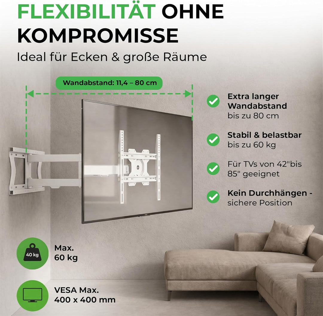 XTRARM TiTon F 80 cm Wandabstand, TV Wandhalterung, Langer Schwenkarm, neigen, schwenken, rotieren,