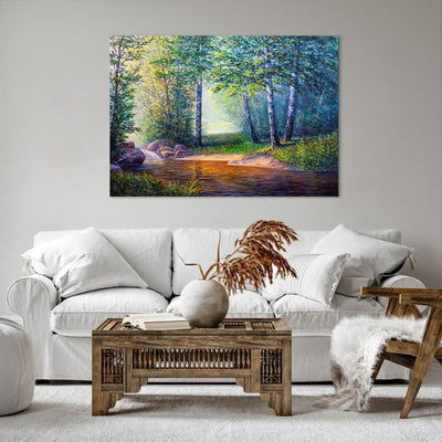 Bilder auf Leinwand 100x70cm Leinwandbild mit Rahmen Wiese Wasser Baum Gross Wanddeko Bild Schlafzim