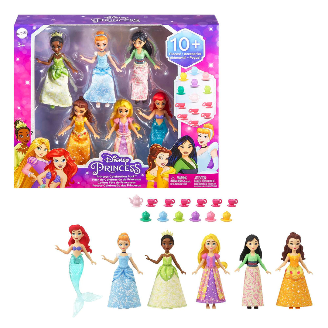 Disney Princess-Spielzeuge, 6 bewegliche kleine Puppen mit Glitzerkleidung und 13 Zubehörteilen für