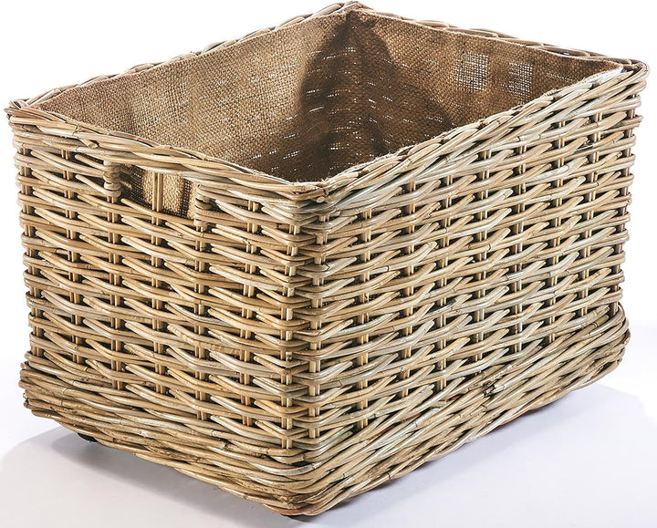 Kobolo Kaminholzwagen mit Rollen Holzkorb für Kaminholz - Rattan - mit Innenfutter aus Leinen