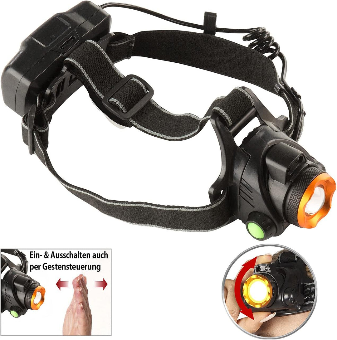 KryoLights Kopflampe: Akku-Stirnlampe, Gesten-Steuerung, Cree-T6-LED, 580 lm, 10W, 2.200mAh (Kopfleu
