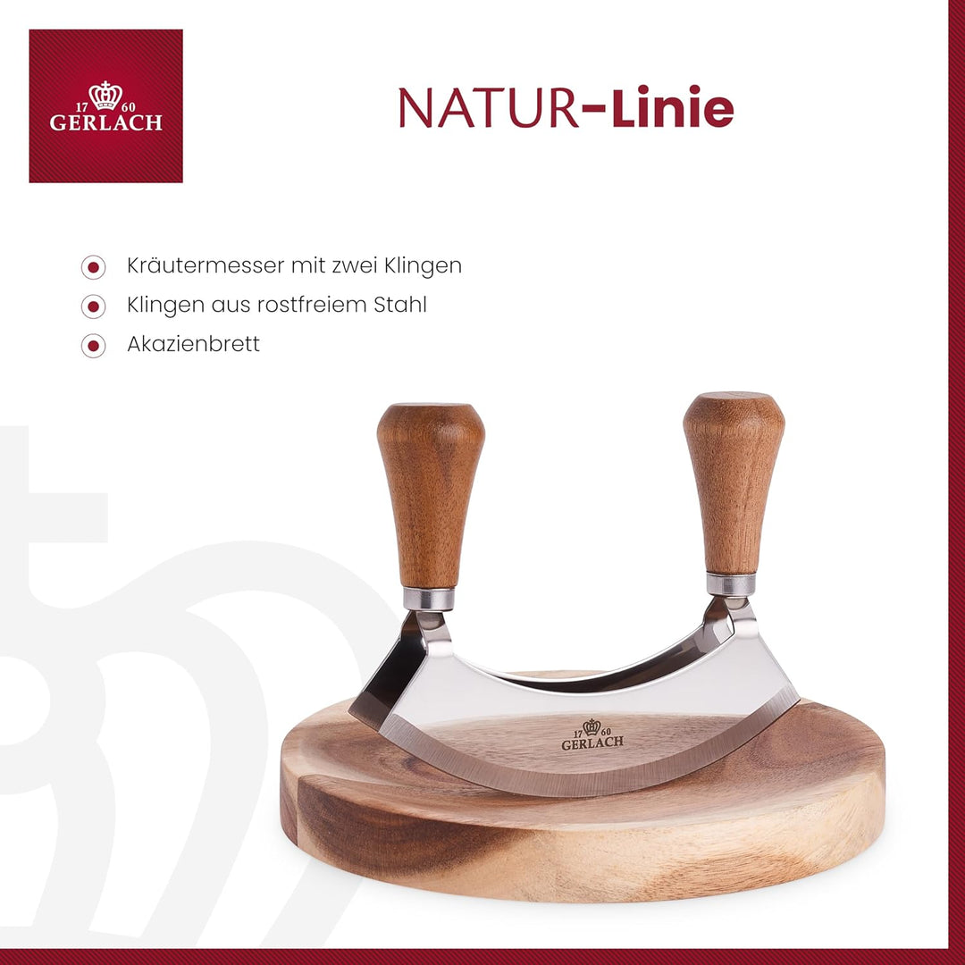 Gerlach Natur Kräutermesser mit Schneidebrett aus Holz Küchen-Gadget mit Holzbrett, Braun