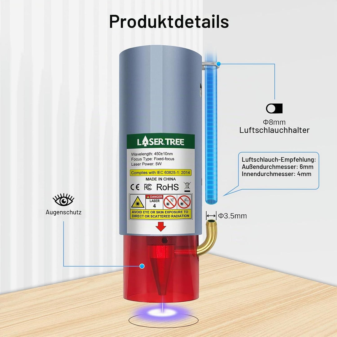 LASER TREE CNC 3018 Lasermodul kit, 5W optischer Leistungslaserkopf mit Luftunterstützung, feste Bre