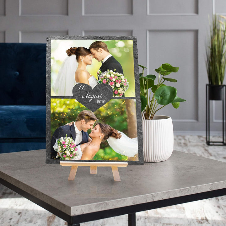 wandmotiv24 Schiefertafel Hochzeit mit Staffelei, Personalisierbar Digitaldruck 2 Farb-Fotos + Datum