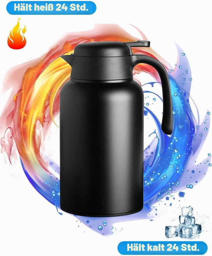 Luvan Thermoskanne, 2 l, Thermokaraffe aus Edelstahl, Warmhaltefunktion, kalt, 24 Stunden (schwarz),