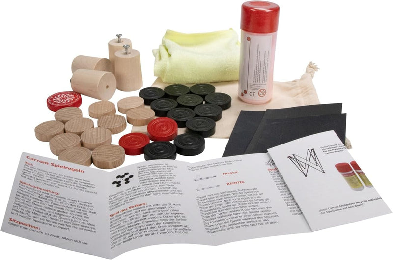 GICO Carrom Zubehör Set für alle handelsüblichen Boards: Carrom Steine, Gleitpulver, Pflegeset, Füss