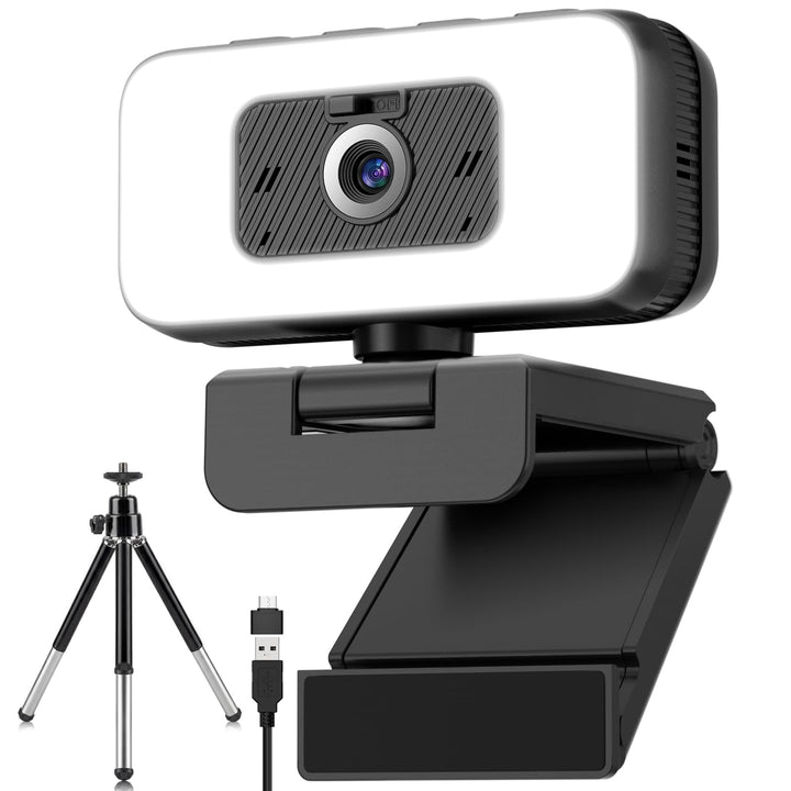 2K Webcam mit Mikrofon und Abdeckung – USB PC Kamera mit Licht, Zoom, Flip, Privacy-Cover – Externe