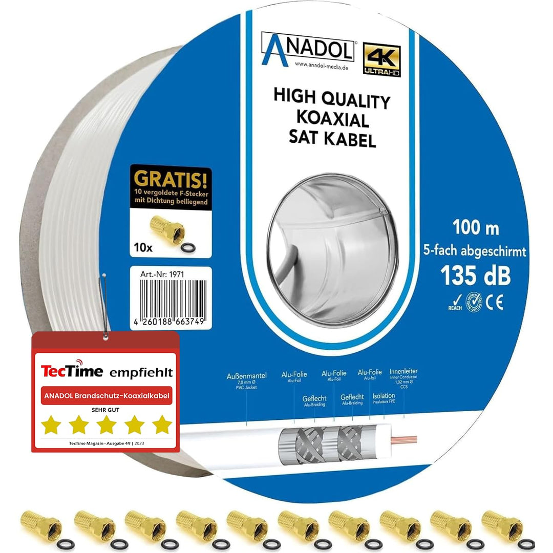 [Test SEHR GUT *] Anadol 100m Brandschutz Koaxialkabel 135dB, 5fach geschirmt, 7mm, Koaxial Satkabel